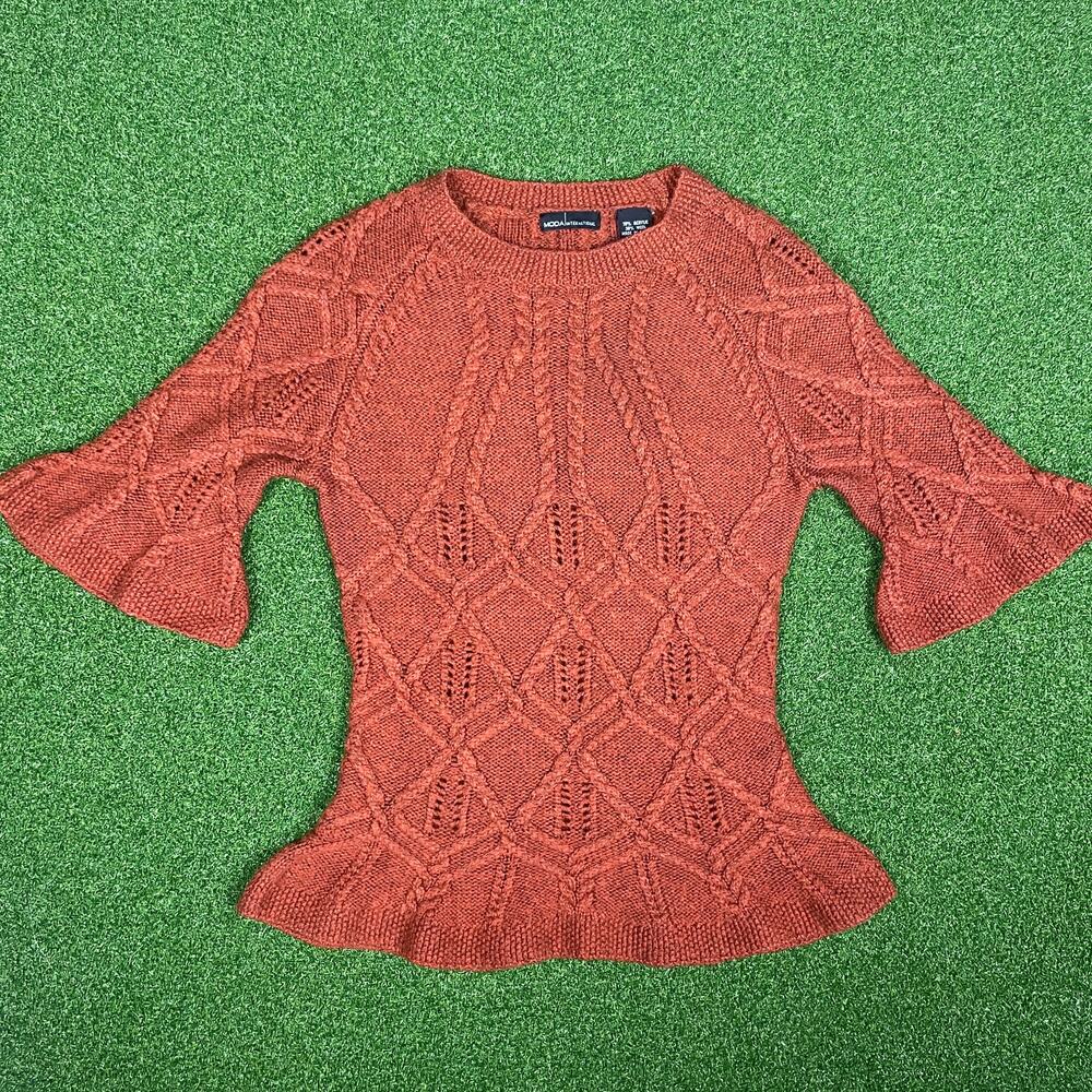 Vintage Y2K Moda International Orange Knit 1/2 Sleeve Ruffle Trim Sz XS